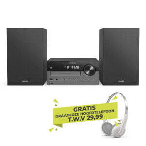 Philips microsysteem met twee luidsprekers inclusief gratis draadloze hoofdtelefoon.