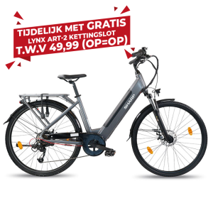 Sharp elektrische stadsfiets donkergrijs vrijstaand op lichte achtergrond zijaanzicht.