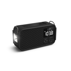 Philips draagbare noodradio met ingebouwde zaklamp en digitaal scherm voor noodsituaties en buitengebruik.