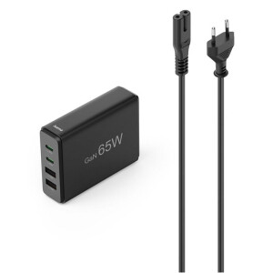 Zwarte 65W GaN-oplader met twee USB-C-poorten, twee USB-A-poorten en meegeleverde stroomkabel op een witte achtergrond.