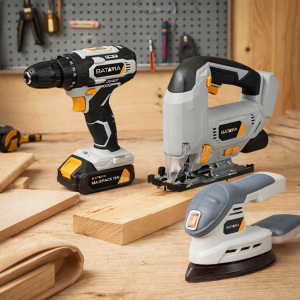 Batavia 18V accuboormachine, decoupeerzaag en multischuurmachine opgesteld op een houten werkbank in een sfeervolle werkplaats.