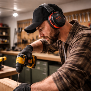 FlinQ Bluetooth gehoorkappen in zwart met rode accenten vrijstaand productbeeld.