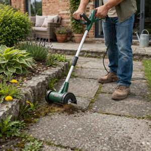 De Wolfgang Verstelbare Onkruidborstel wordt gebruikt om onkruid tussen tegels te verwijderen. 