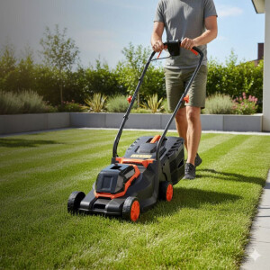 FlinQ 18V accu grasmaaier zwart met oranje details productfoto