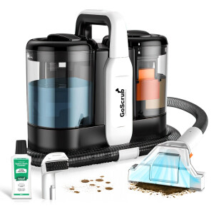 GoScrub&reg; vlekkenreiniger met schoonmaakmiddel en opzetstukken op witte achtergrond.
