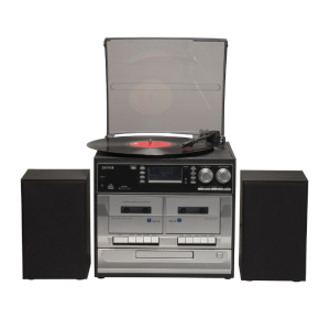 Denver MRD-166 retro platenspeler met zwarte houten speakers en ingebouwde cd-speler.
