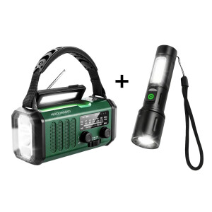 Groene Noodradio&reg; 10.000 mAh inclusief multifunctionele Tactical Zoom zaklamp met krachtige LED-verlichting en SOS-functie.